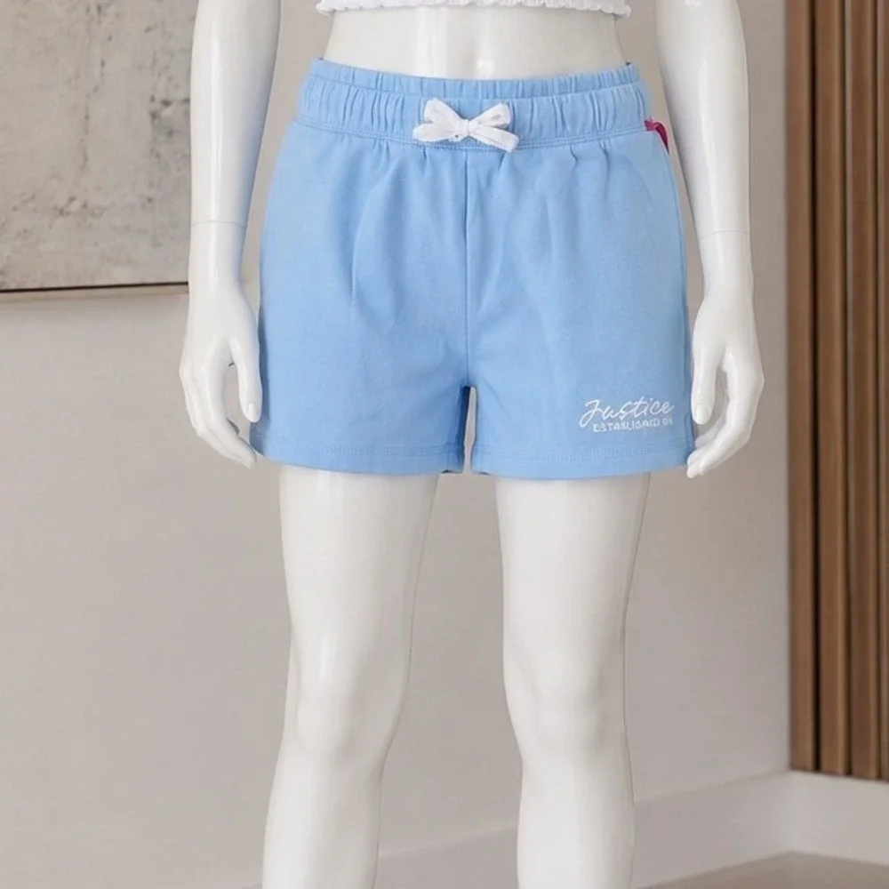 Justice Girls Sweatshorts Sail Blue Fleece Elastic Waist Logo L 12/14